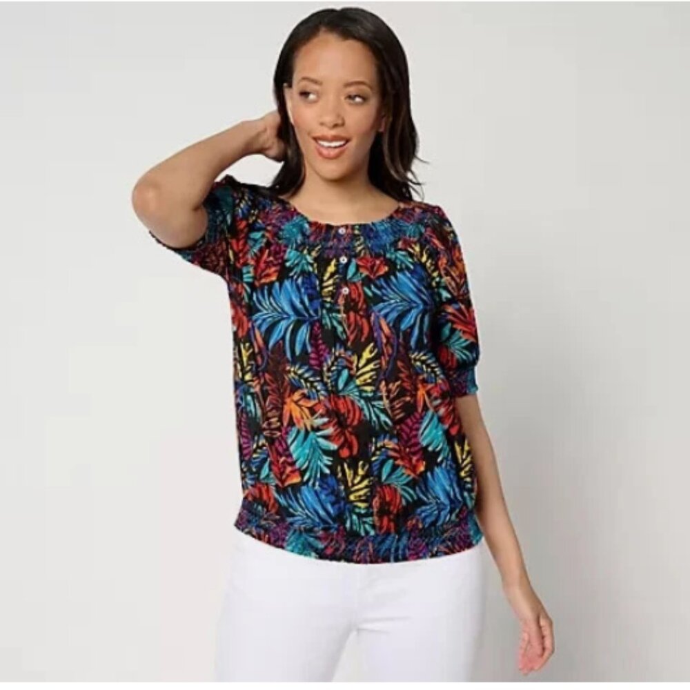 Destination 365 Printed Clip Jacquard Top w/Smocked Detail-Colorful-XS-A653947